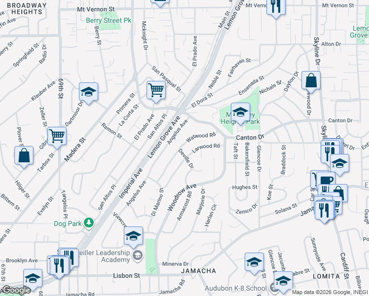 map of restaurants, bars, coffee shops, grocery stores, and more near 1549 Watwood Road in Lemon Grove