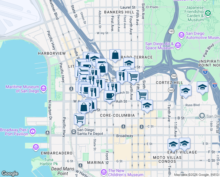 map of restaurants, bars, coffee shops, grocery stores, and more near 1510 Front Street in San Diego
