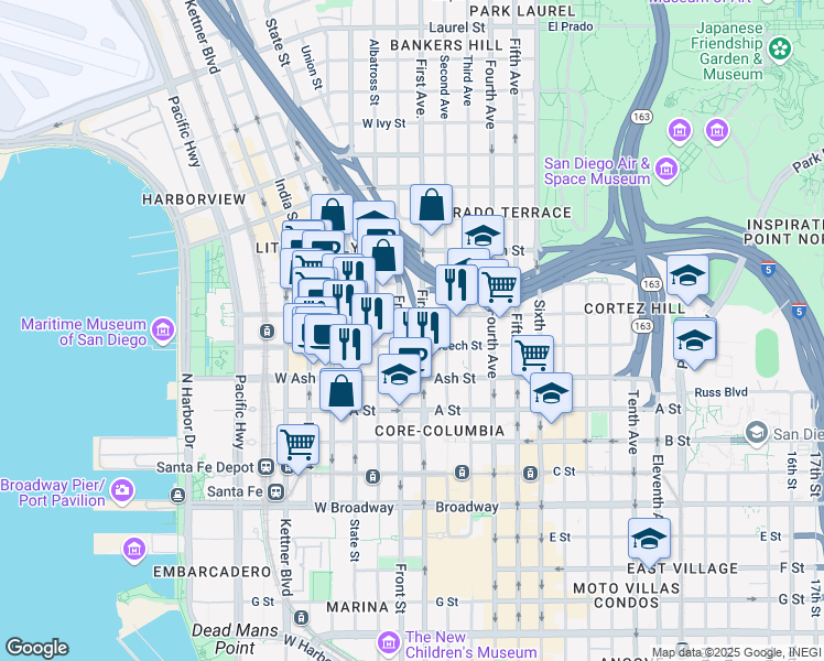 map of restaurants, bars, coffee shops, grocery stores, and more near 1501 Front Street in San Diego