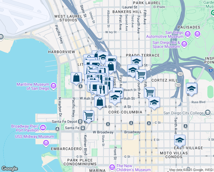 map of restaurants, bars, coffee shops, grocery stores, and more near 1580 Union Street in San Diego