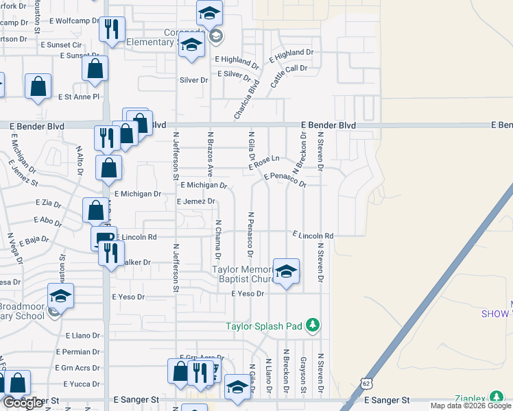map of restaurants, bars, coffee shops, grocery stores, and more near 1823 North Gila Drive in Hobbs