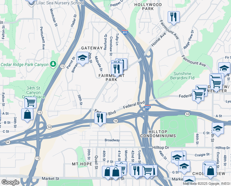 map of restaurants, bars, coffee shops, grocery stores, and more near 4025 Home Avenue in San Diego