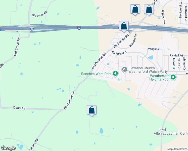 map of restaurants, bars, coffee shops, grocery stores, and more near 2431 Old Dennis Road in Weatherford