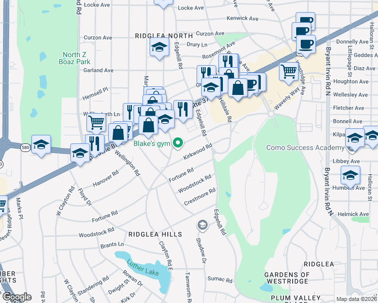 map of restaurants, bars, coffee shops, grocery stores, and more near 6467 Kirkwood Road in Fort Worth
