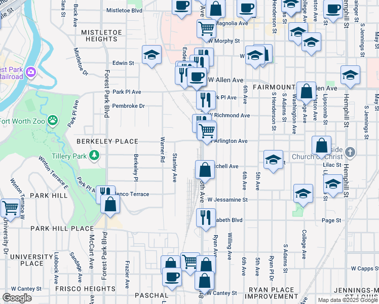 map of restaurants, bars, coffee shops, grocery stores, and more near 2131 Stanley Avenue in Fort Worth