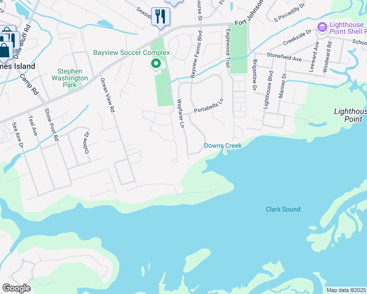 map of restaurants, bars, coffee shops, grocery stores, and more near 1110 Wayfarer Lane in Charleston