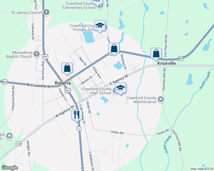 map of restaurants, bars, coffee shops, grocery stores, and more near State Route 42 South in Roberta