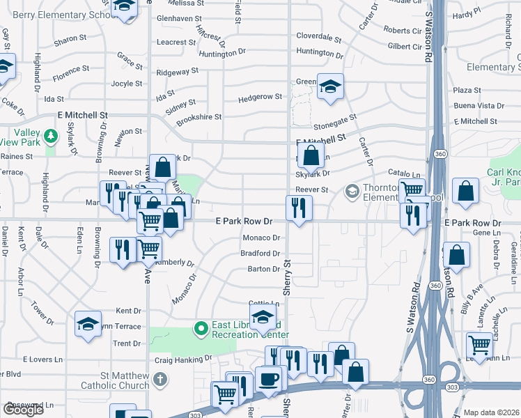 map of restaurants, bars, coffee shops, grocery stores, and more near 2105 East Park Row Drive in Arlington