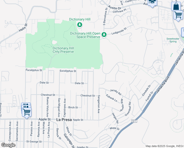 map of restaurants, bars, coffee shops, grocery stores, and more near 1650 Cuyamaca Avenue in Spring Valley