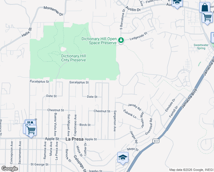 map of restaurants, bars, coffee shops, grocery stores, and more near 1650 Cuyamaca Avenue in Spring Valley