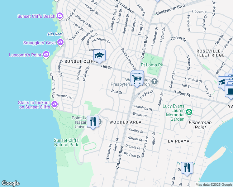 map of restaurants, bars, coffee shops, grocery stores, and more near 3845 John Street in San Diego