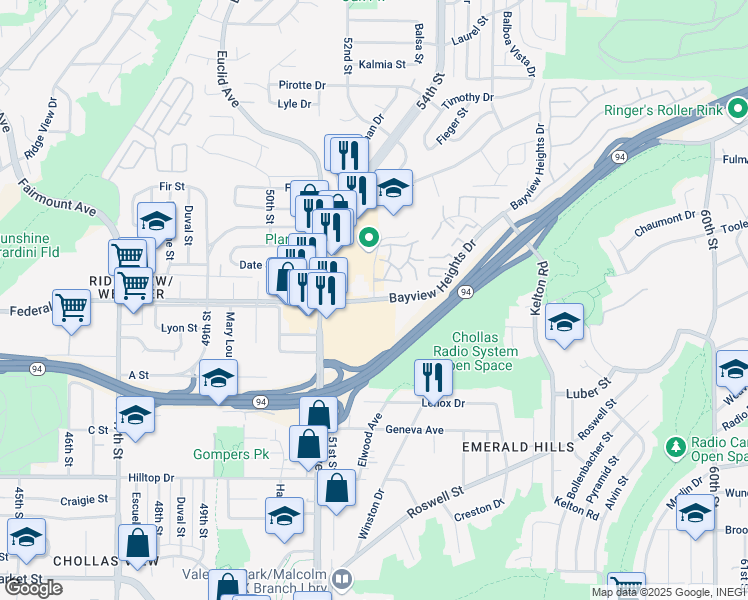 map of restaurants, bars, coffee shops, grocery stores, and more near Federal Boulevard & Bayview Heights Drive in San Diego