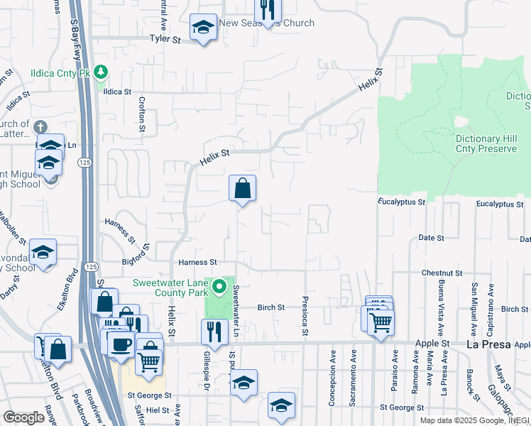map of restaurants, bars, coffee shops, grocery stores, and more near 1740 Canyon Road in Spring Valley