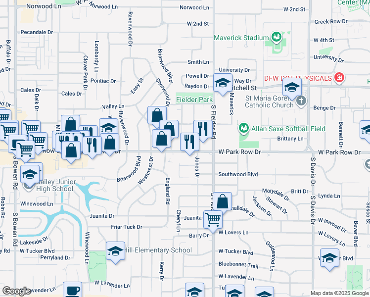 map of restaurants, bars, coffee shops, grocery stores, and more near 1706 West Park Row Drive in Arlington