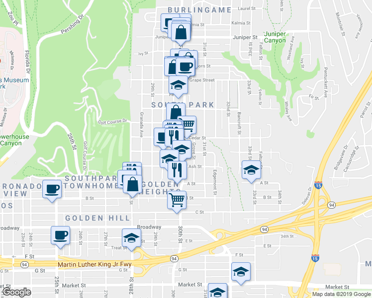 map of restaurants, bars, coffee shops, grocery stores, and more near in San Diego
