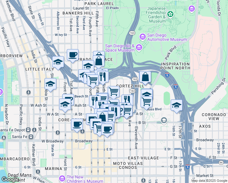 map of restaurants, bars, coffee shops, grocery stores, and more near in San Diego