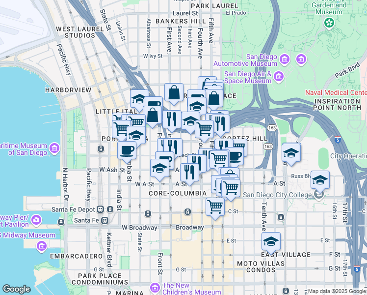map of restaurants, bars, coffee shops, grocery stores, and more near 300 West Beech Street in San Diego