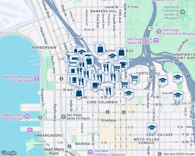 map of restaurants, bars, coffee shops, grocery stores, and more near 1501 Front Street in San Diego