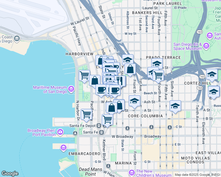 map of restaurants, bars, coffee shops, grocery stores, and more near 1445 India Street in San Diego