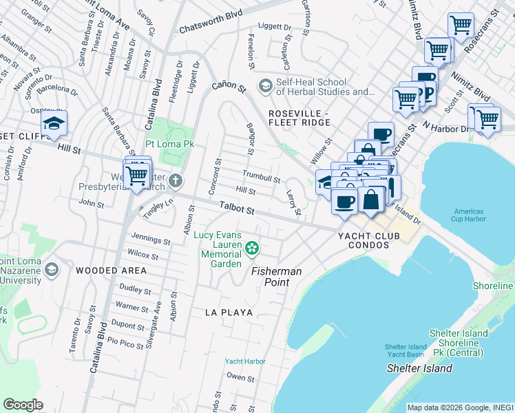 map of restaurants, bars, coffee shops, grocery stores, and more near 3360 Martinez Street in San Diego
