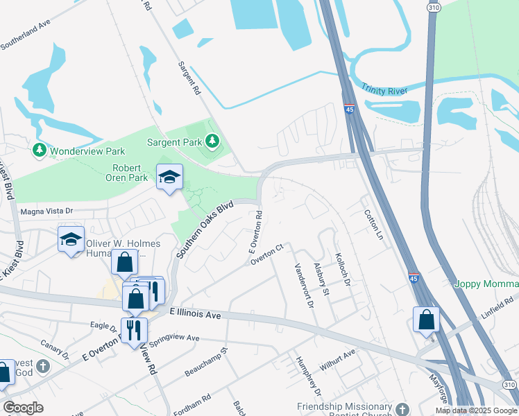 map of restaurants, bars, coffee shops, grocery stores, and more near 6732 Highland Hills Dr in Dallas