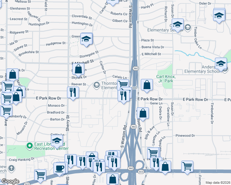 map of restaurants, bars, coffee shops, grocery stores, and more near 2411 East Park Row Drive in Arlington
