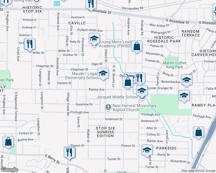map of restaurants, bars, coffee shops, grocery stores, and more near 5204 Ramey Avenue in Fort Worth
