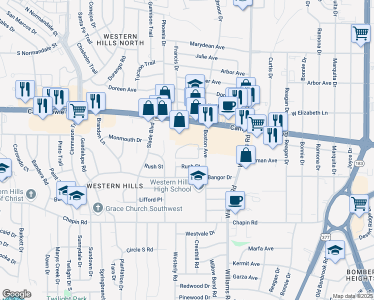 map of restaurants, bars, coffee shops, grocery stores, and more near 8124 Rush Street in Benbrook