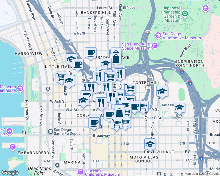 map of restaurants, bars, coffee shops, grocery stores, and more near 1551 Fourth Avenue in San Diego