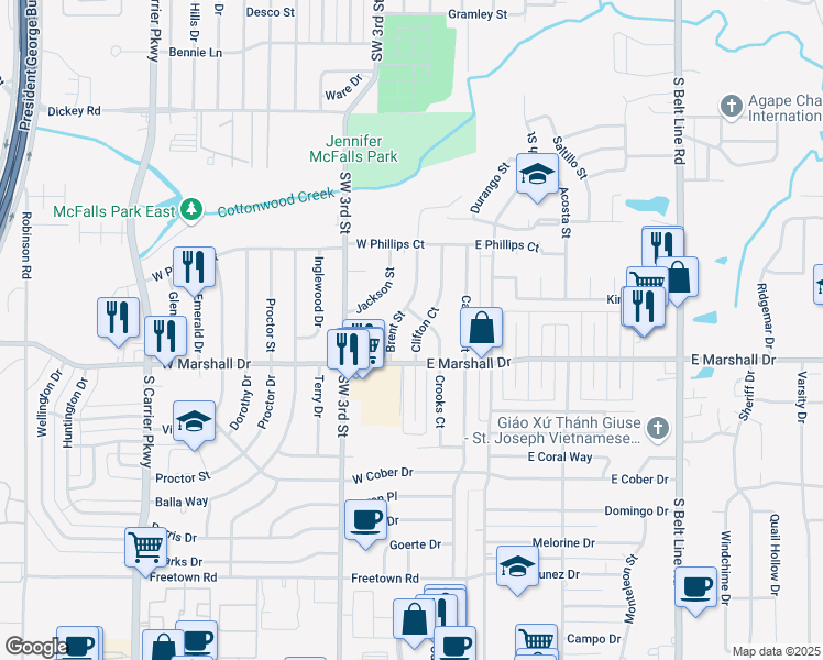 map of restaurants, bars, coffee shops, grocery stores, and more near 1721 Brent Street in Grand Prairie