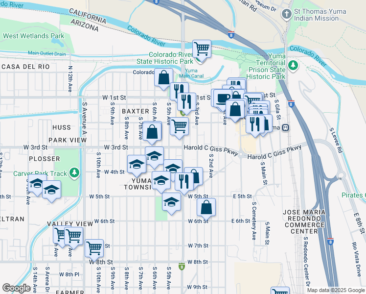 map of restaurants, bars, coffee shops, grocery stores, and more near 370 West 3rd Street in Yuma