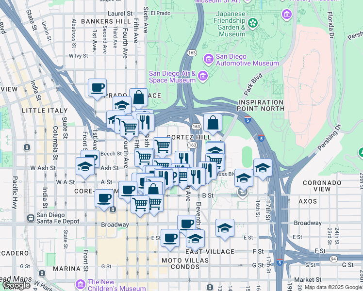 map of restaurants, bars, coffee shops, grocery stores, and more near 1545 9th Avenue in San Diego