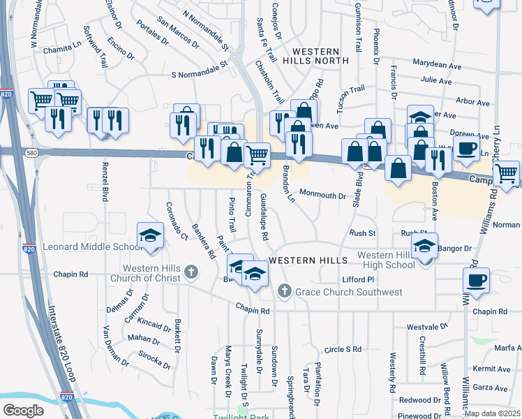 map of restaurants, bars, coffee shops, grocery stores, and more near 3478 Guadalupe Road in Fort Worth