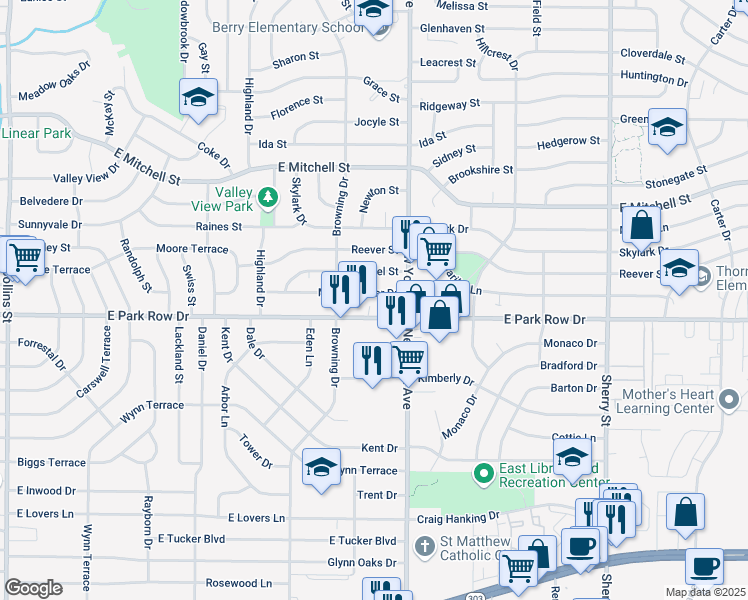 map of restaurants, bars, coffee shops, grocery stores, and more near 1819 East Park Row Drive in Arlington