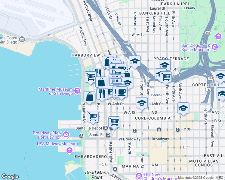 map of restaurants, bars, coffee shops, grocery stores, and more near 1575 Kettner Boulevard in San Diego