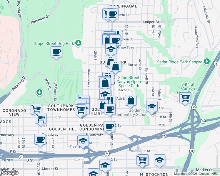 map of restaurants, bars, coffee shops, grocery stores, and more near 3012 Beech Street in San Diego