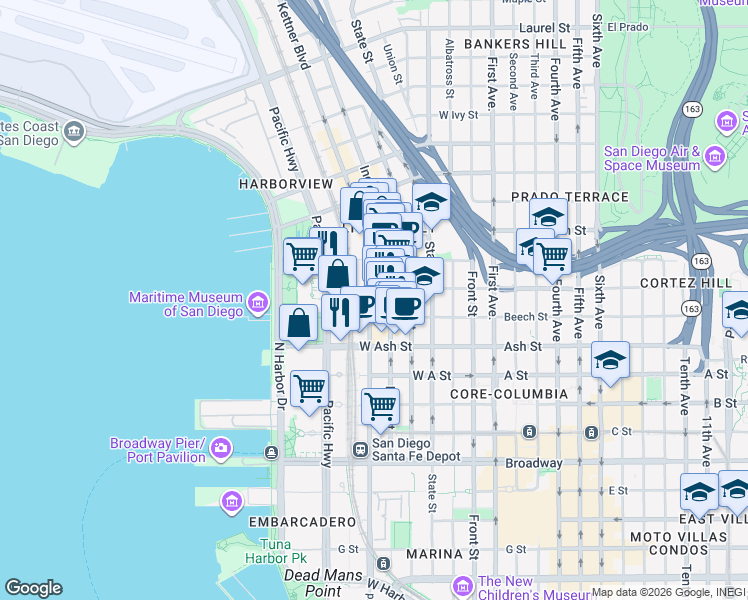 map of restaurants, bars, coffee shops, grocery stores, and more near 1575 Kettner Boulevard in San Diego