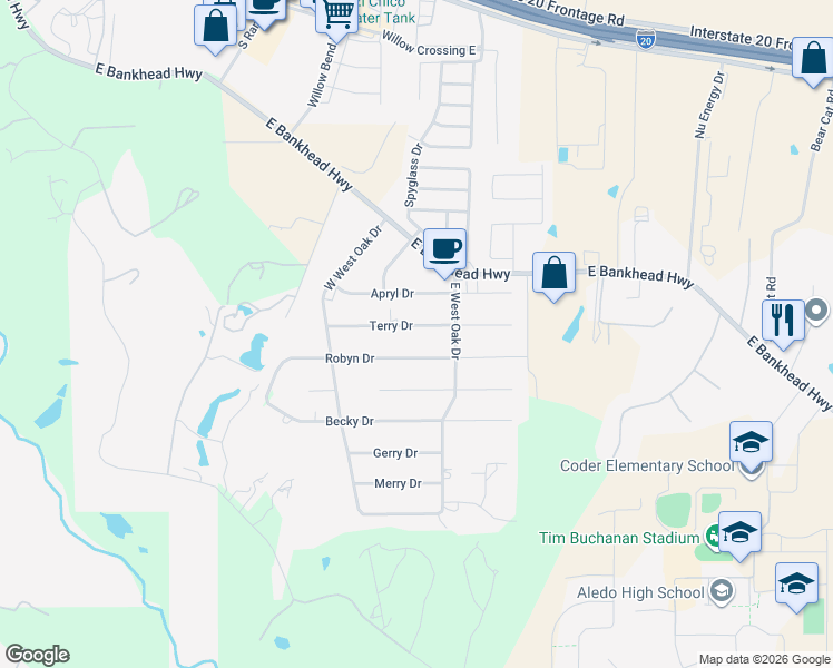 map of restaurants, bars, coffee shops, grocery stores, and more near 1309 Terry Drive in Aledo