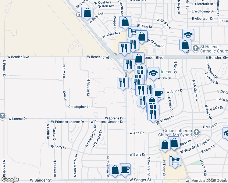 map of restaurants, bars, coffee shops, grocery stores, and more near 942 West Sunrise Circle in Hobbs