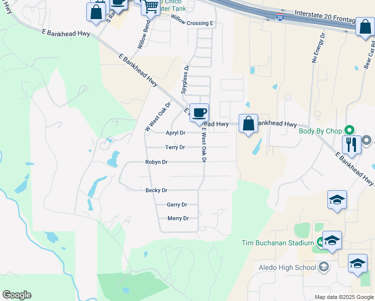 map of restaurants, bars, coffee shops, grocery stores, and more near 1309 Terry Drive in Aledo