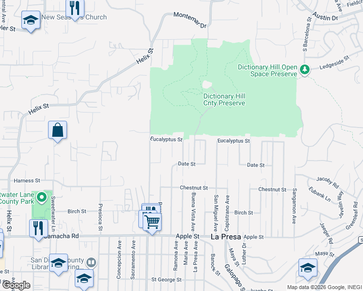 map of restaurants, bars, coffee shops, grocery stores, and more near 1656 Maria Avenue in Spring Valley