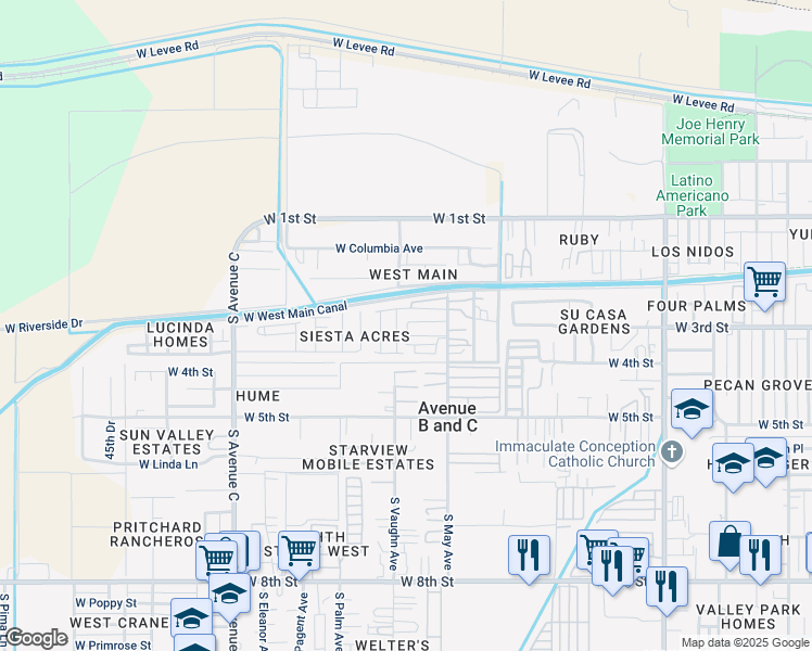 map of restaurants, bars, coffee shops, grocery stores, and more near 238-242 South May Avenue in Yuma