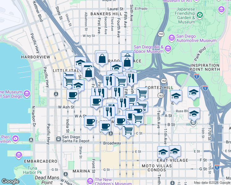 map of restaurants, bars, coffee shops, grocery stores, and more near 300 West Beech Street in San Diego