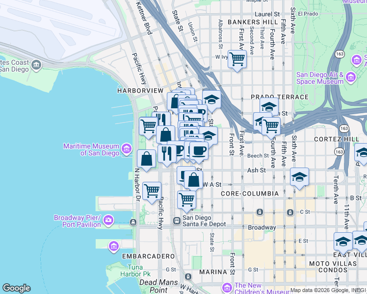 map of restaurants, bars, coffee shops, grocery stores, and more near in San Diego
