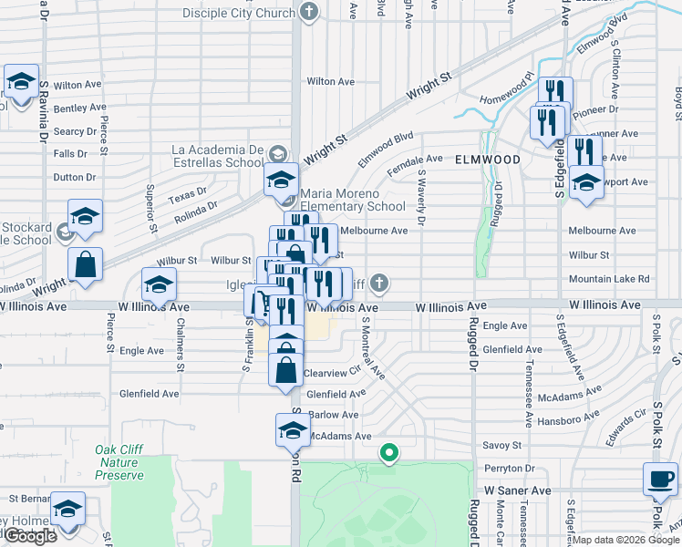 map of restaurants, bars, coffee shops, grocery stores, and more near 2210 Mountain Lake Road in Dallas