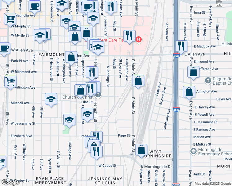 map of restaurants, bars, coffee shops, grocery stores, and more near 2105 May Street in Fort Worth