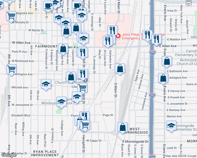 map of restaurants, bars, coffee shops, grocery stores, and more near 2105 May Street in Fort Worth