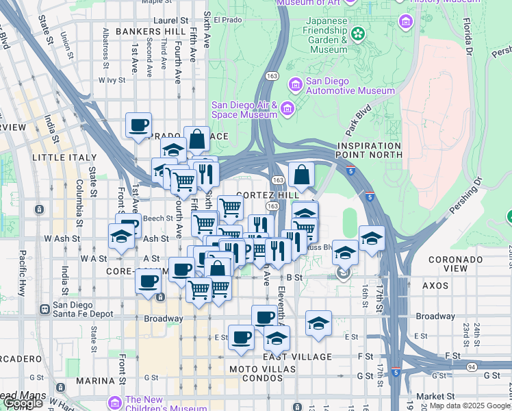 map of restaurants, bars, coffee shops, grocery stores, and more near 1551 Ninth Avenue in San Diego