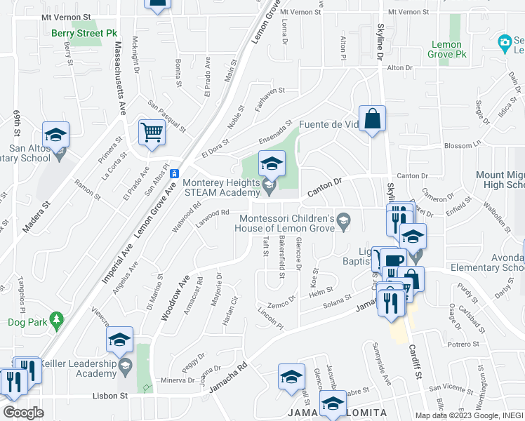 map of restaurants, bars, coffee shops, grocery stores, and more near 1680 Taft Street in Lemon Grove