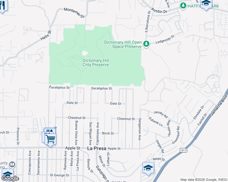 map of restaurants, bars, coffee shops, grocery stores, and more near 1627 Coronado Avenue in Spring Valley